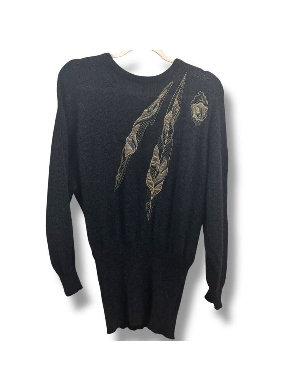 Escada Vintage 80s Black Mohair Beaded Leaves Sweater - Size 36